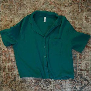 Target Teal Crinkle Gauze Button Down Short-Sleeve Shirt